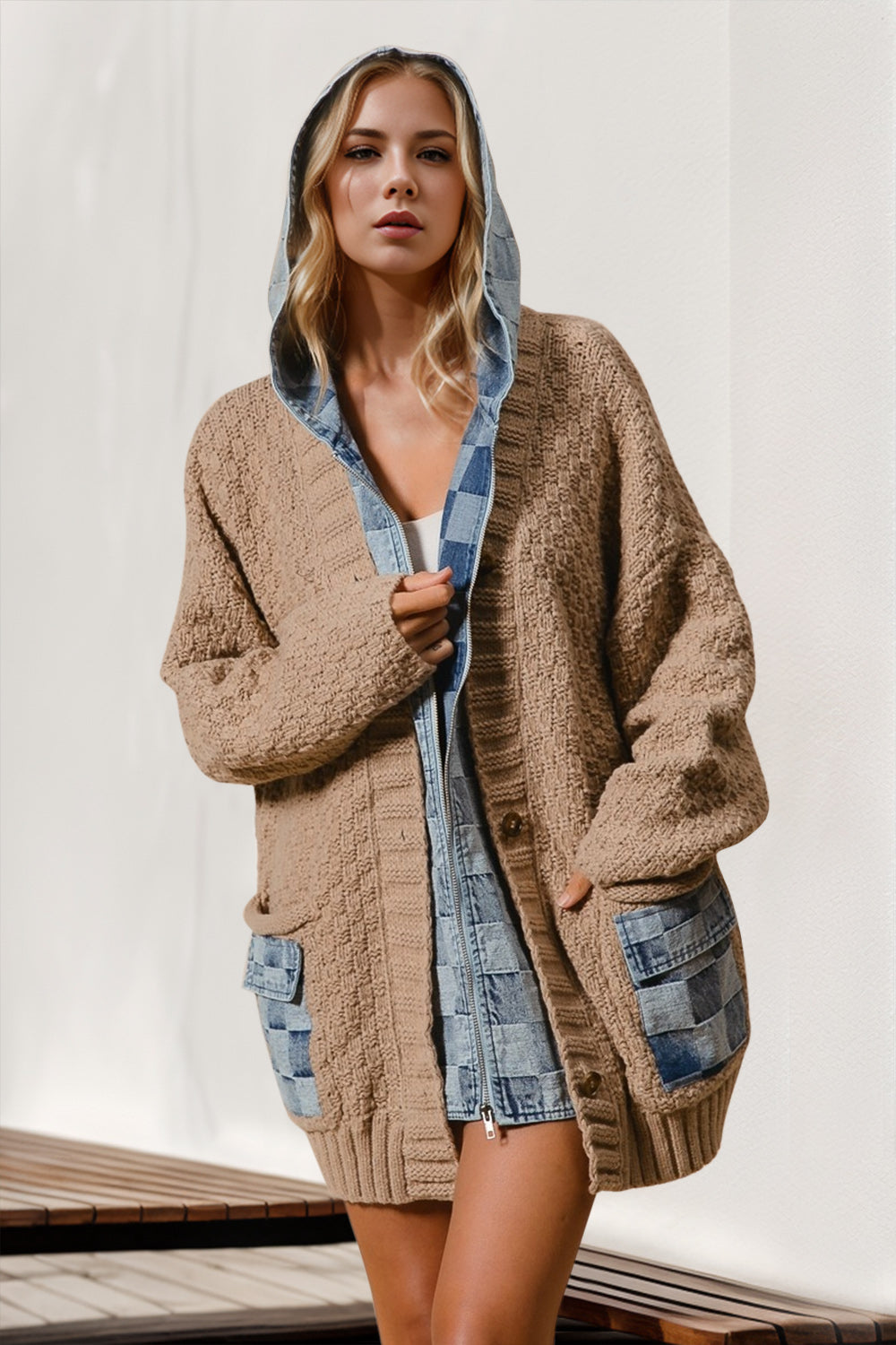 Hooded Denim Spliced Sweater Cardigan - Cozy & Chic Layer for Every Occasion