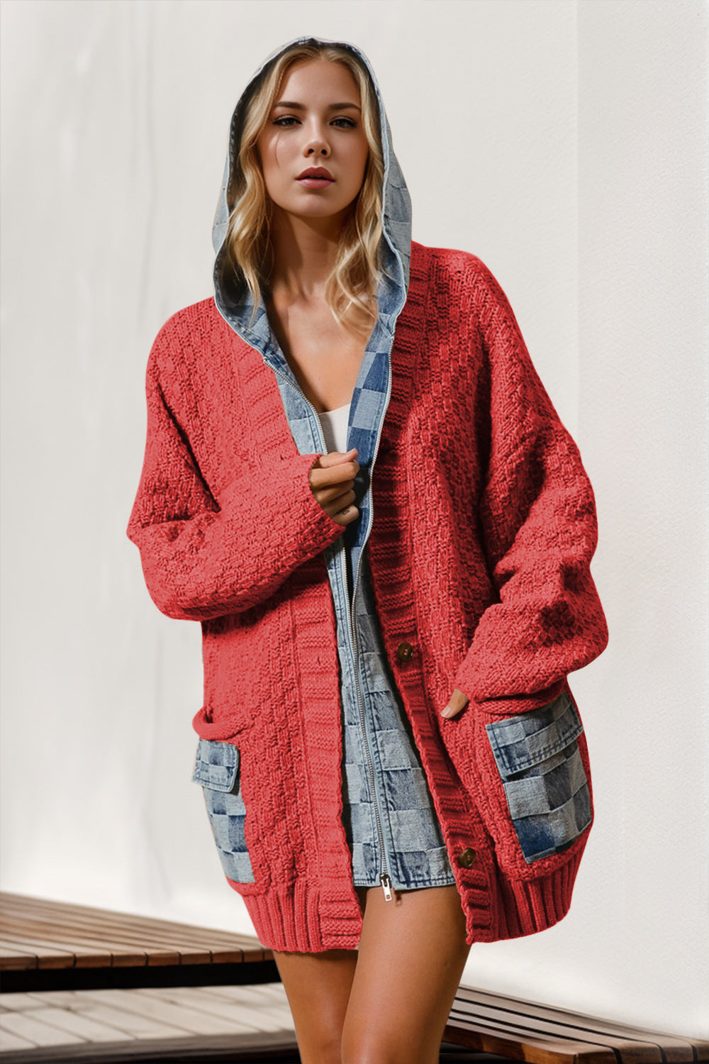 Hooded Denim Spliced Sweater Cardigan - Cozy &amp; Chic Layer for Every Occasion