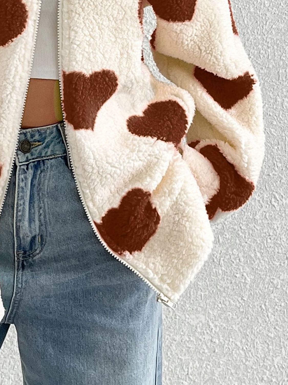 Heart Zip Up Furry Fuzzy Jacket