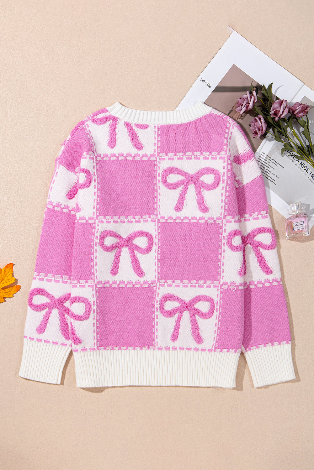 Pink Sweet Bow Two Tone Checkered Sweater