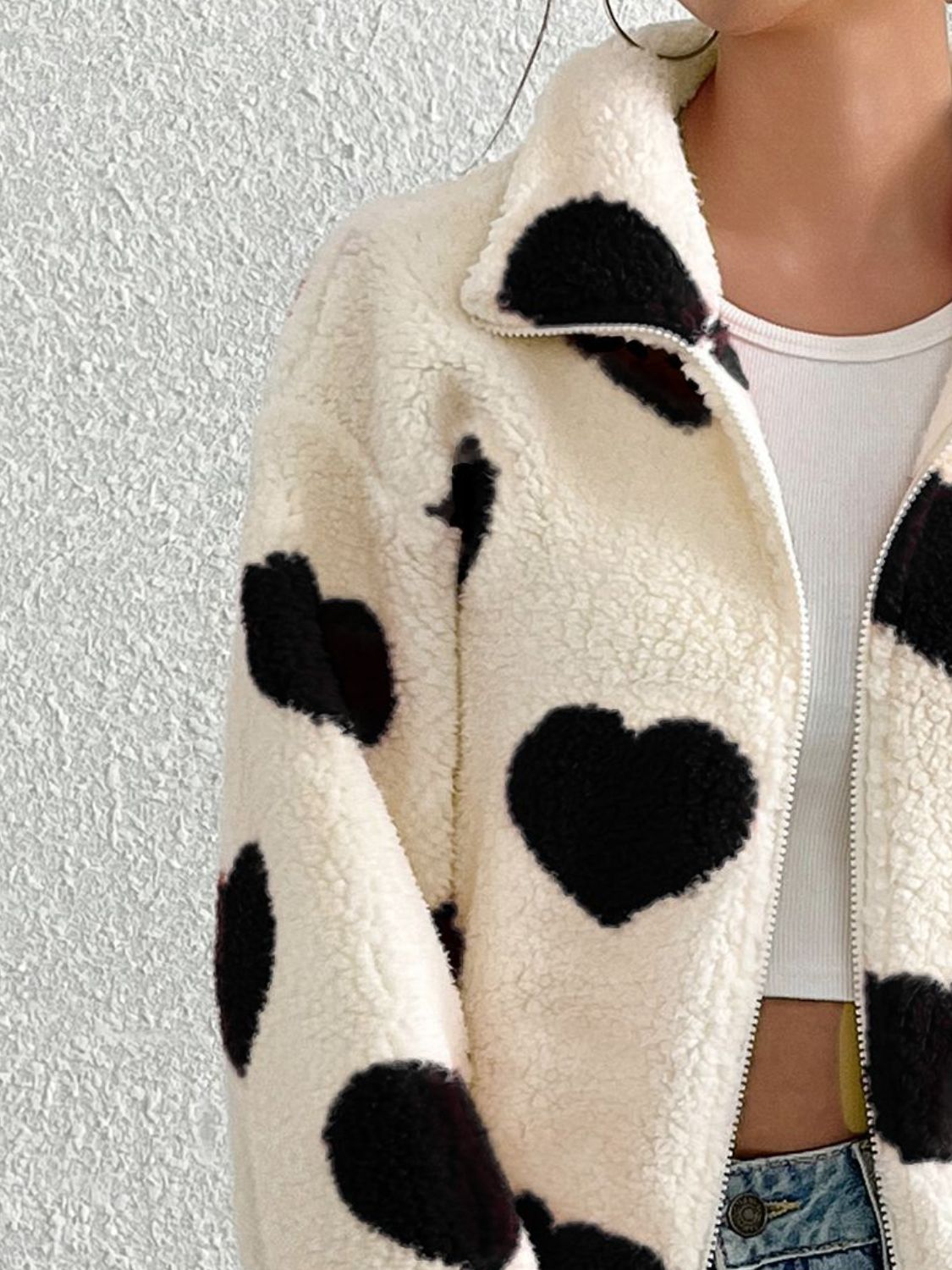 Heart Zip Up Furry Fuzzy Jacket