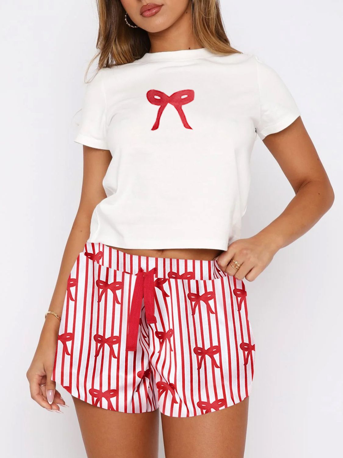 Women's Red Bow Pajama Set – Striped Lounge Shorts and Graphic Tee