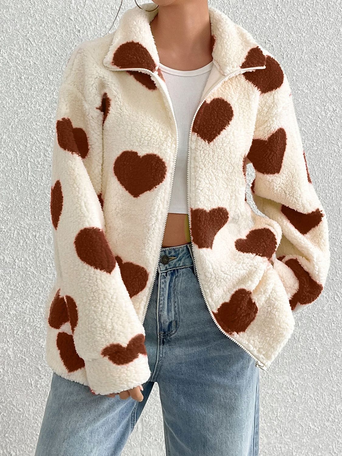 Heart Zip Up Furry Fuzzy Jacket