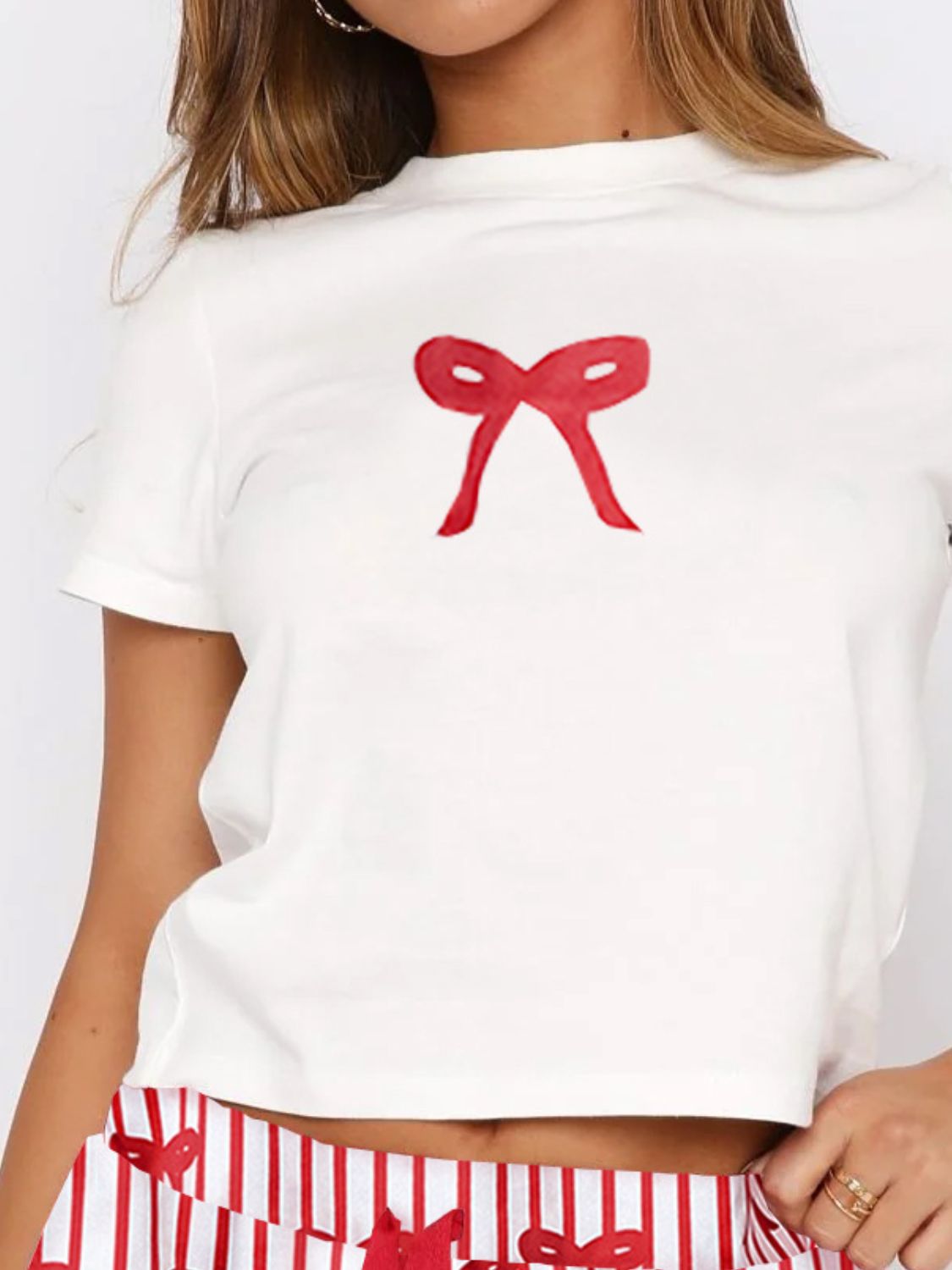 Women's Red Bow Pajama Set – Striped Lounge Shorts and Graphic Tee