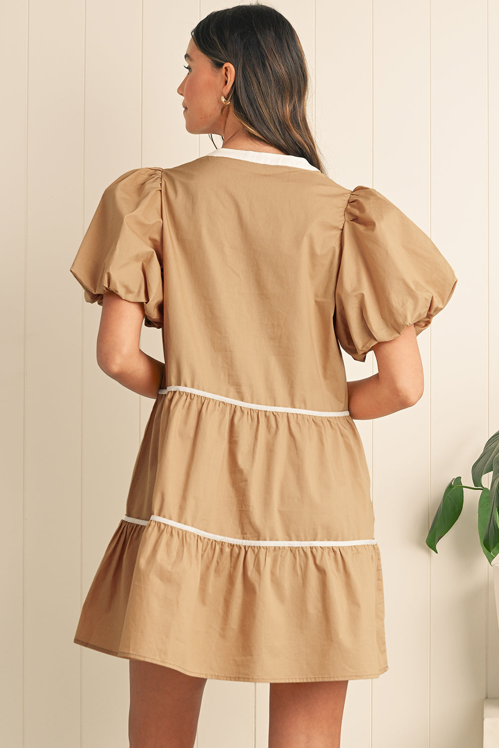 Pale Khaki Knot Front Pleated Tiered Mini Dress