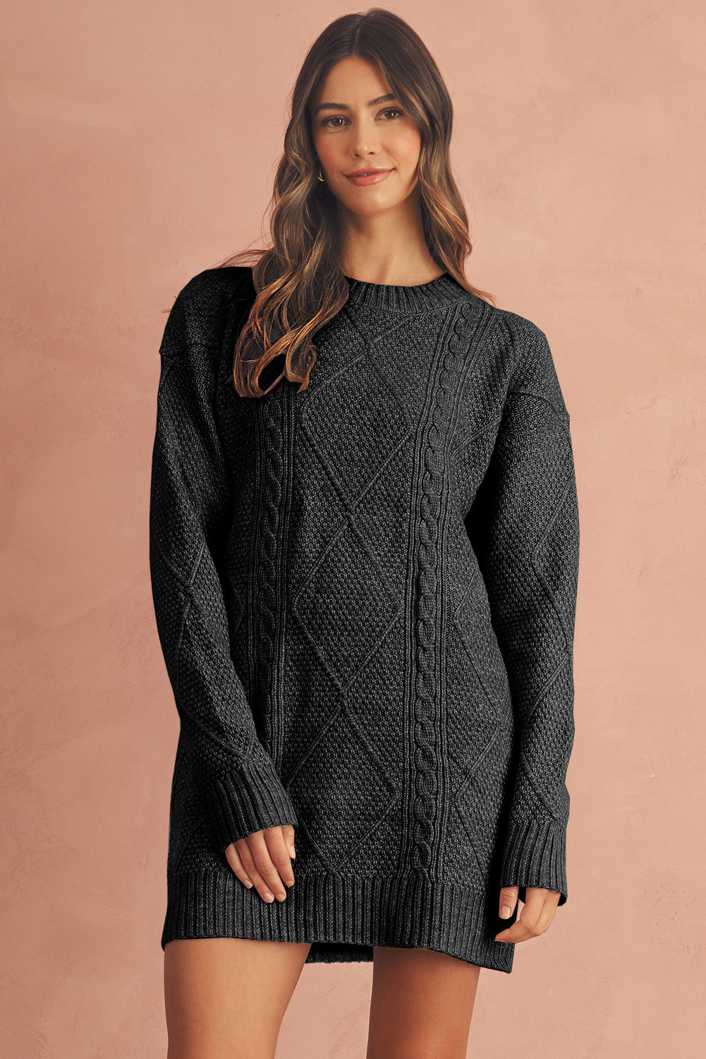 Twist Cable Knit Drop Shoulder Loose Fit Sweater Dress