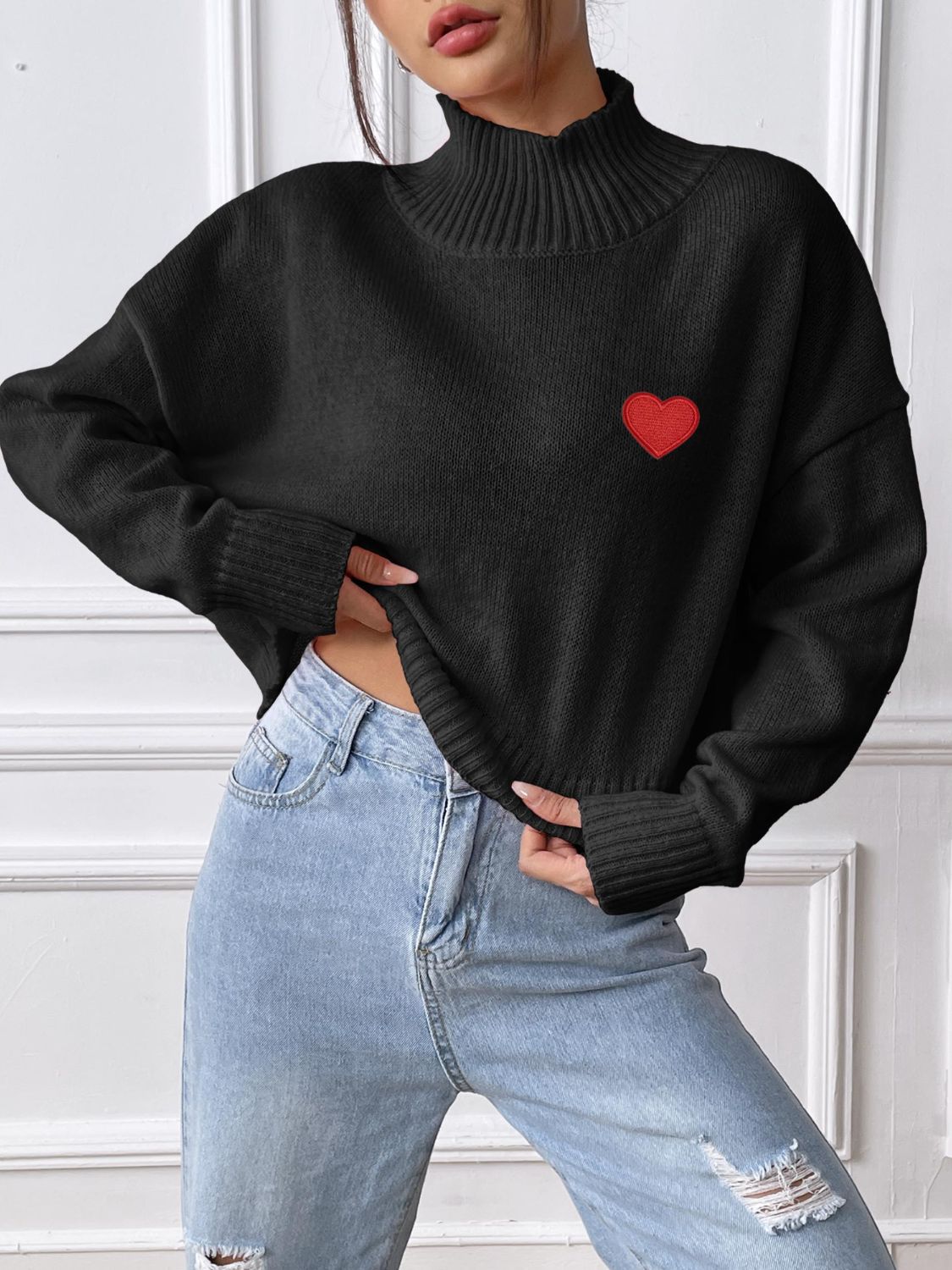 Cozy Heart Turtleneck Long Sleeve Sweater