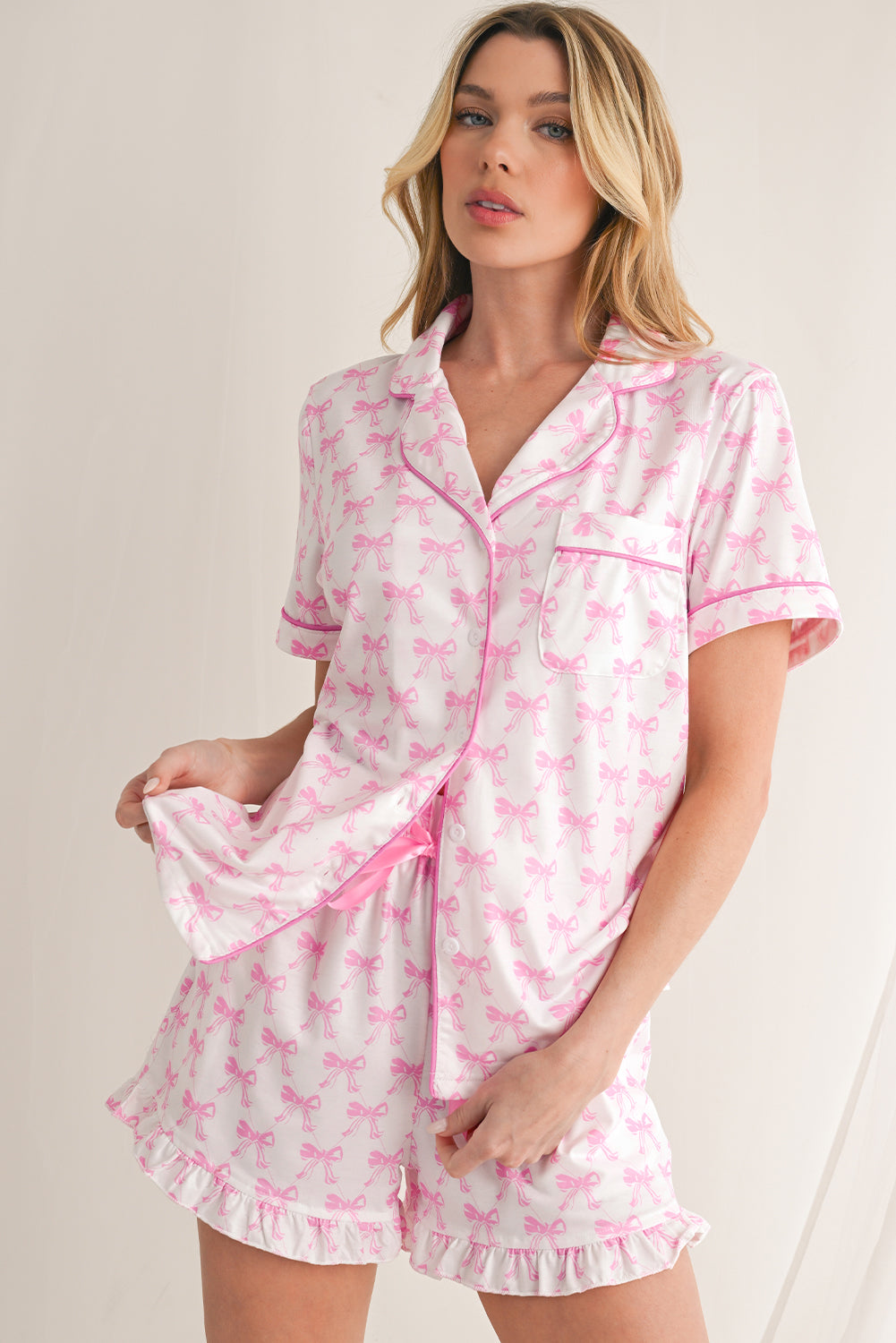 Bow Print Shirt and Ruffle Hem Shorts Pajama Set