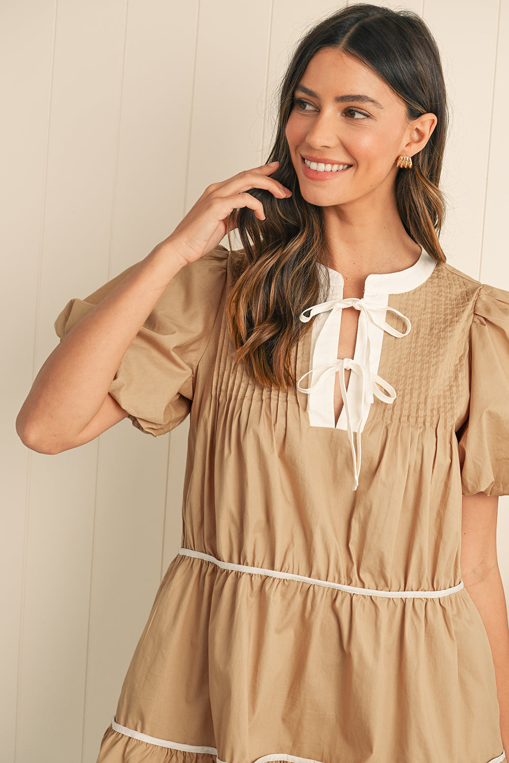 Pale Khaki Knot Front Pleated Tiered Mini Dress