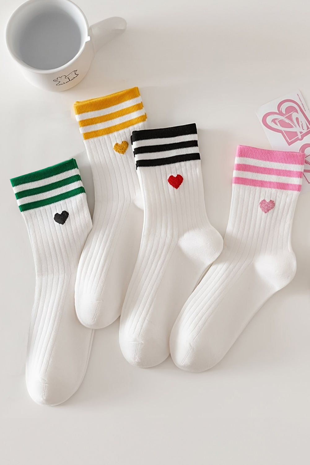 White Heart Striped Cotton Crew Socks 4pcs*