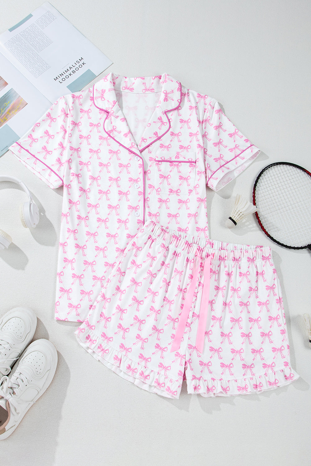 Bow Print Shirt and Ruffle Hem Shorts Pajama Set