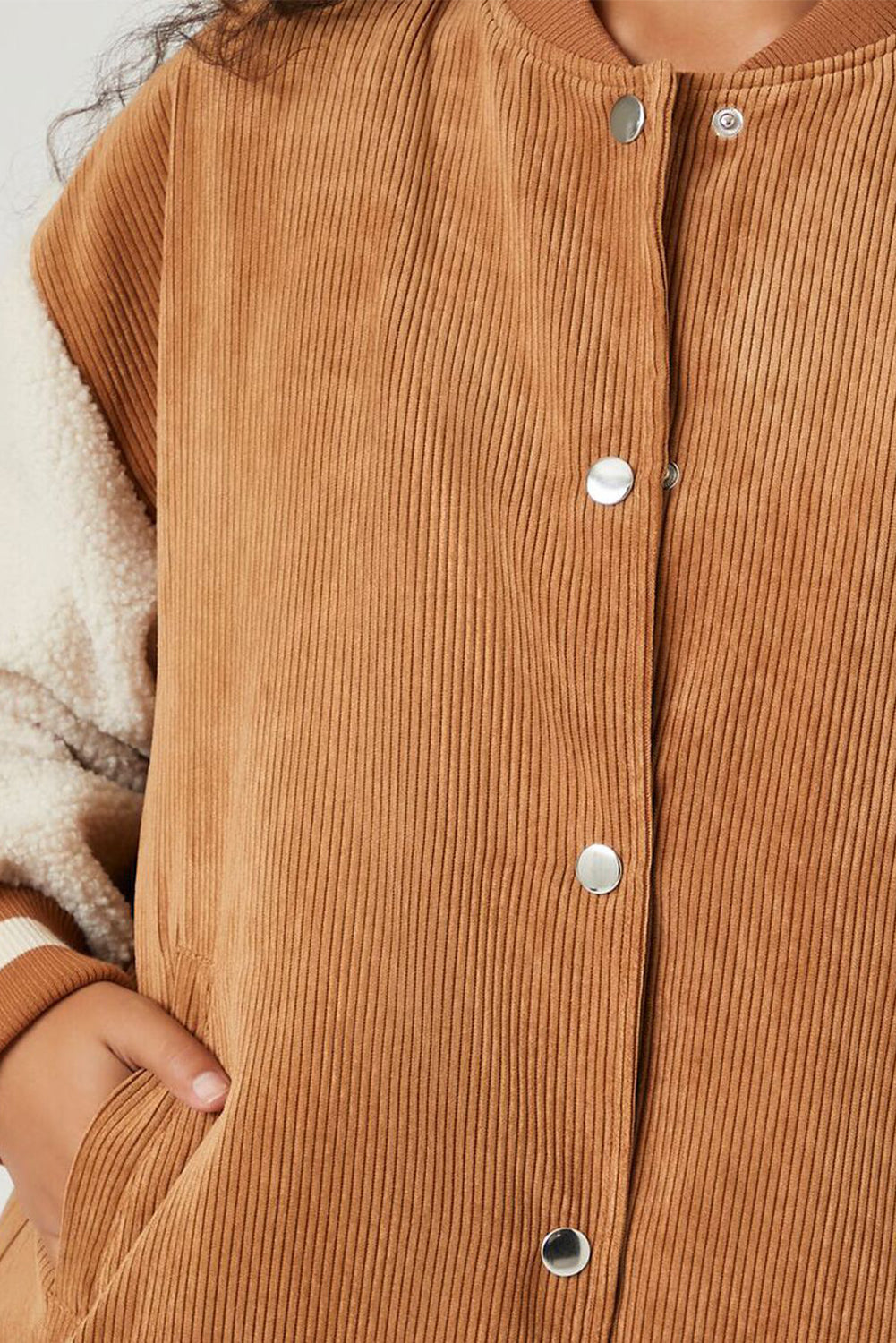 Buckskin Corduroy Fleece Patchwork Buttoned Bomber Coat