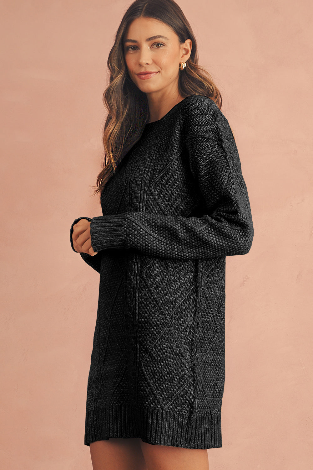 Twist Cable Knit Drop Shoulder Loose Fit Sweater Dress