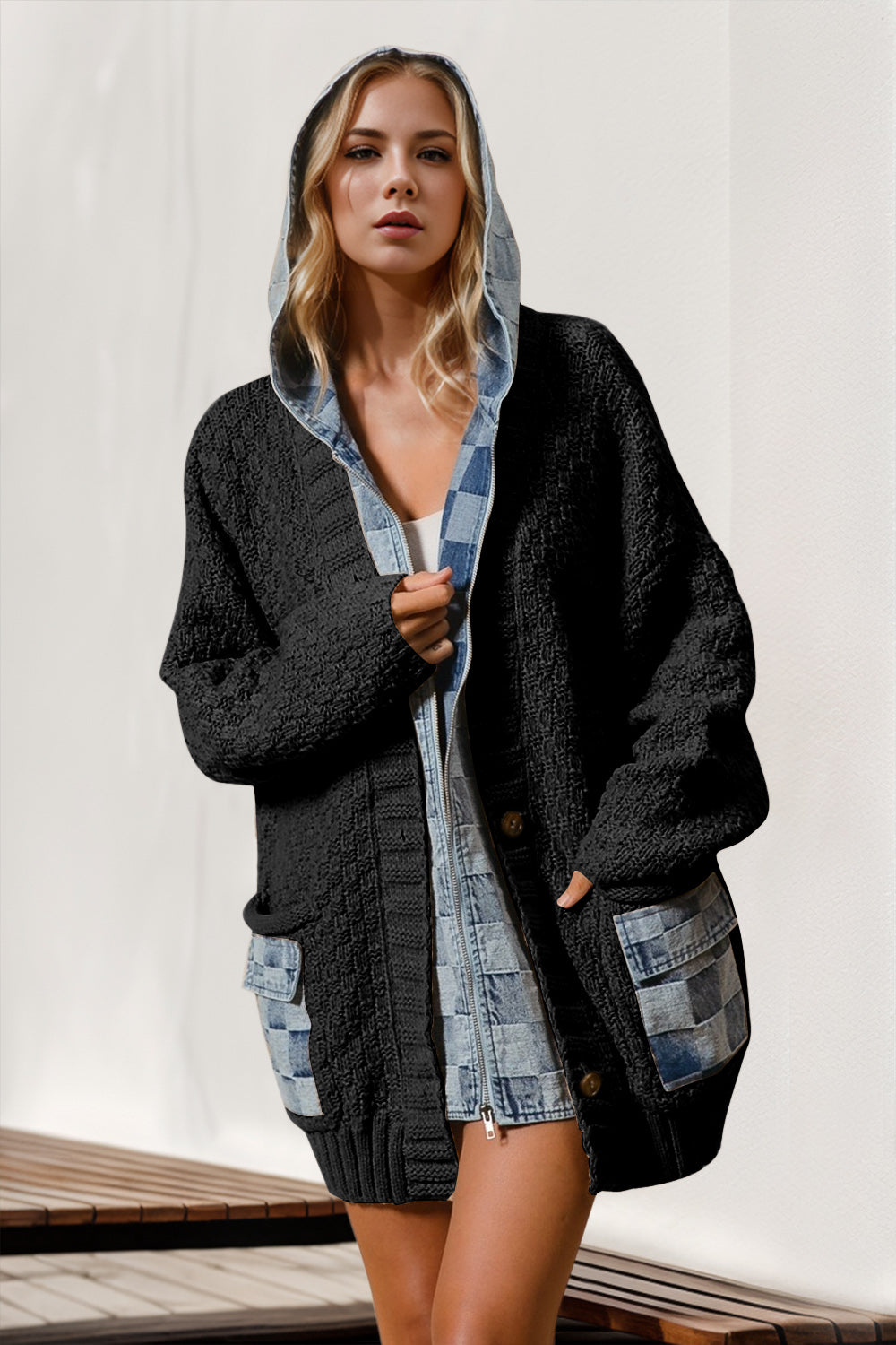 Hooded Denim Spliced Sweater Cardigan - Cozy &amp; Chic Layer for Every Occasion