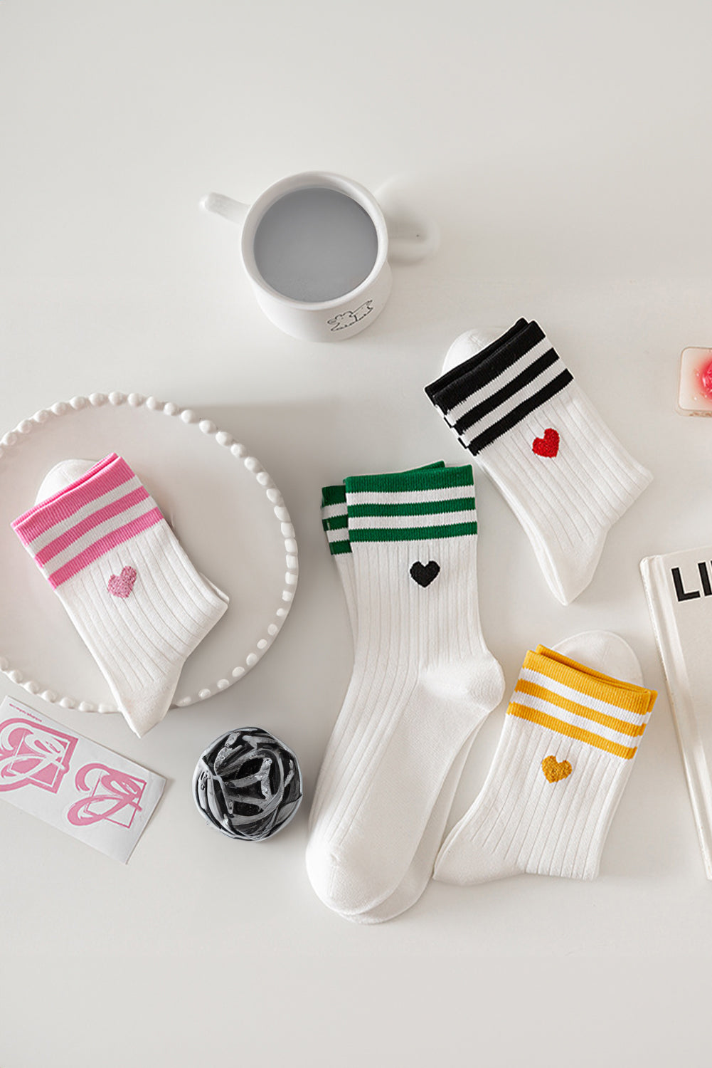 White Heart Striped Cotton Crew Socks 4pcs*