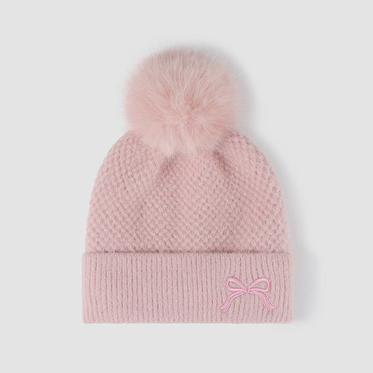 Women's Thermal Knit PomPom Hat with Bow Detail – Cozy Winter Beanie