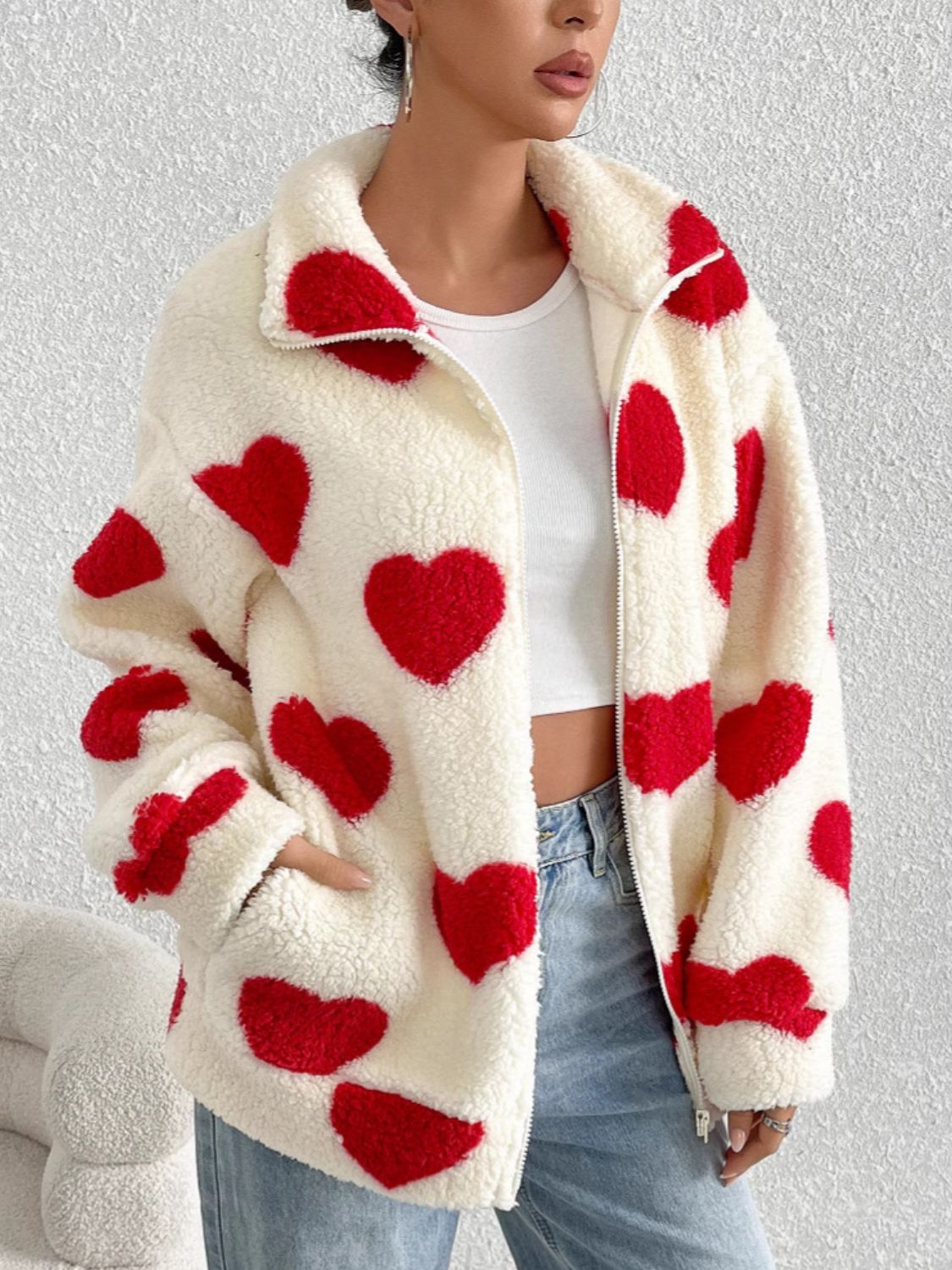 Heart Zip Up Furry Fuzzy Jacket