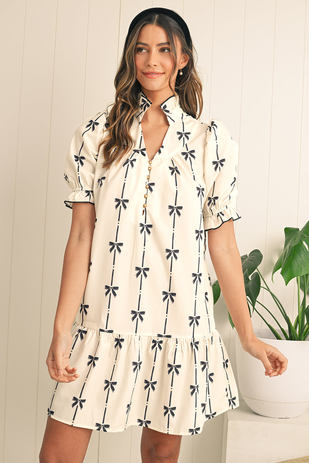 Bow Print Bubble Sleeve V Neck Mini Dress