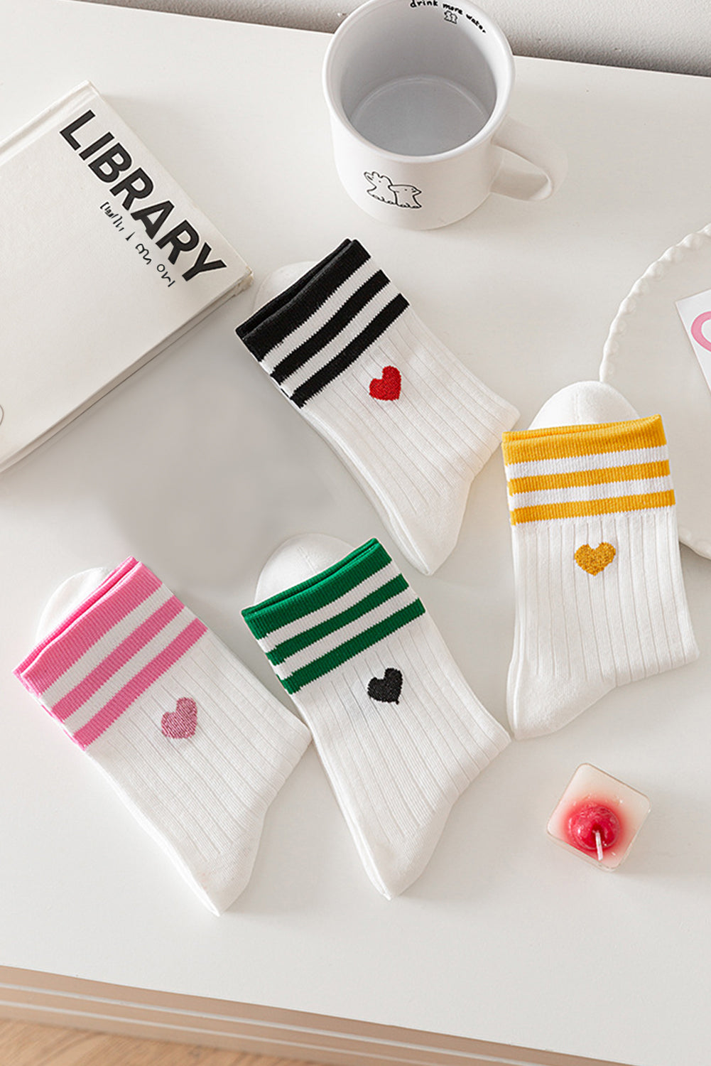 White Heart Striped Cotton Crew Socks 4pcs*