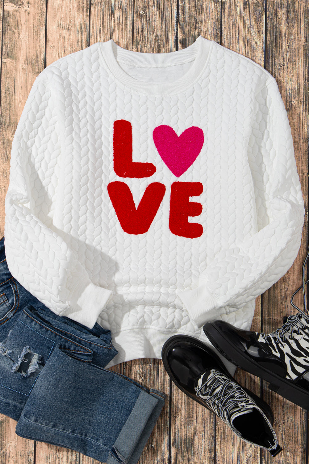 White Quilted Valentine Love Heart Shape Graphic Sweatshirt