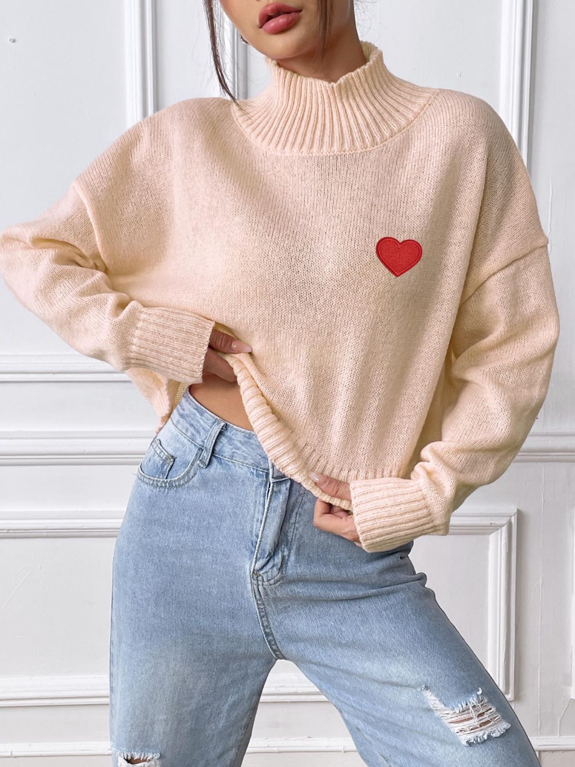 Cozy Heart Turtleneck Long Sleeve Sweater