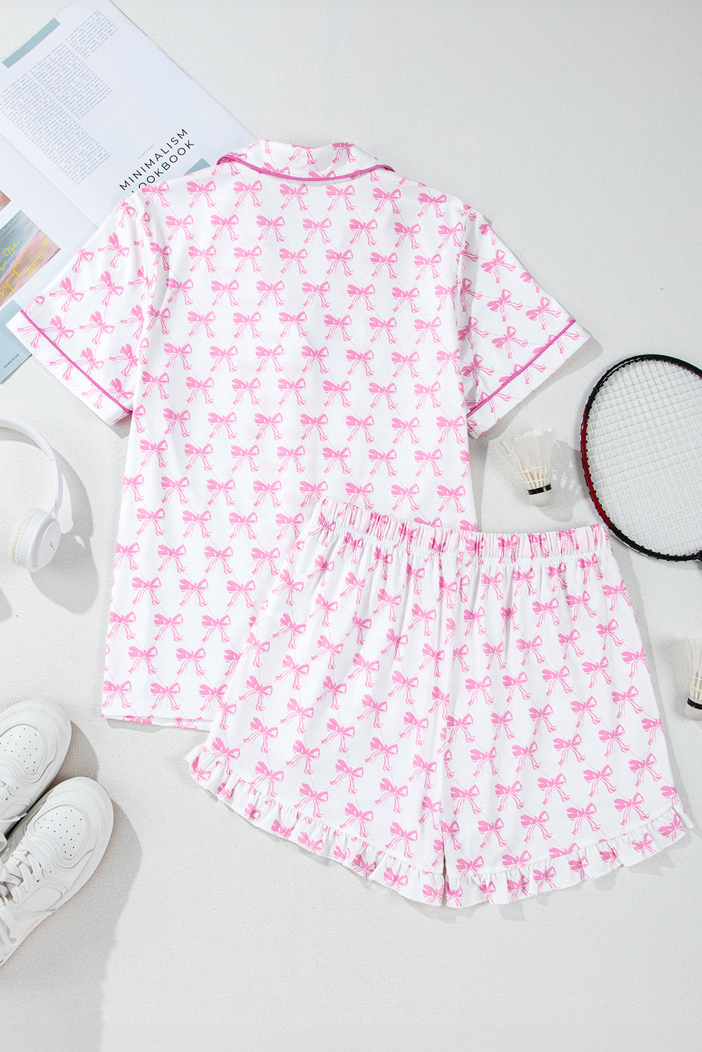 Bow Print Shirt and Ruffle Hem Shorts Pajama Set