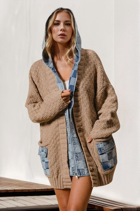 Hooded Denim Spliced Sweater Cardigan - Cozy &amp; Chic Layer for Every Occasion