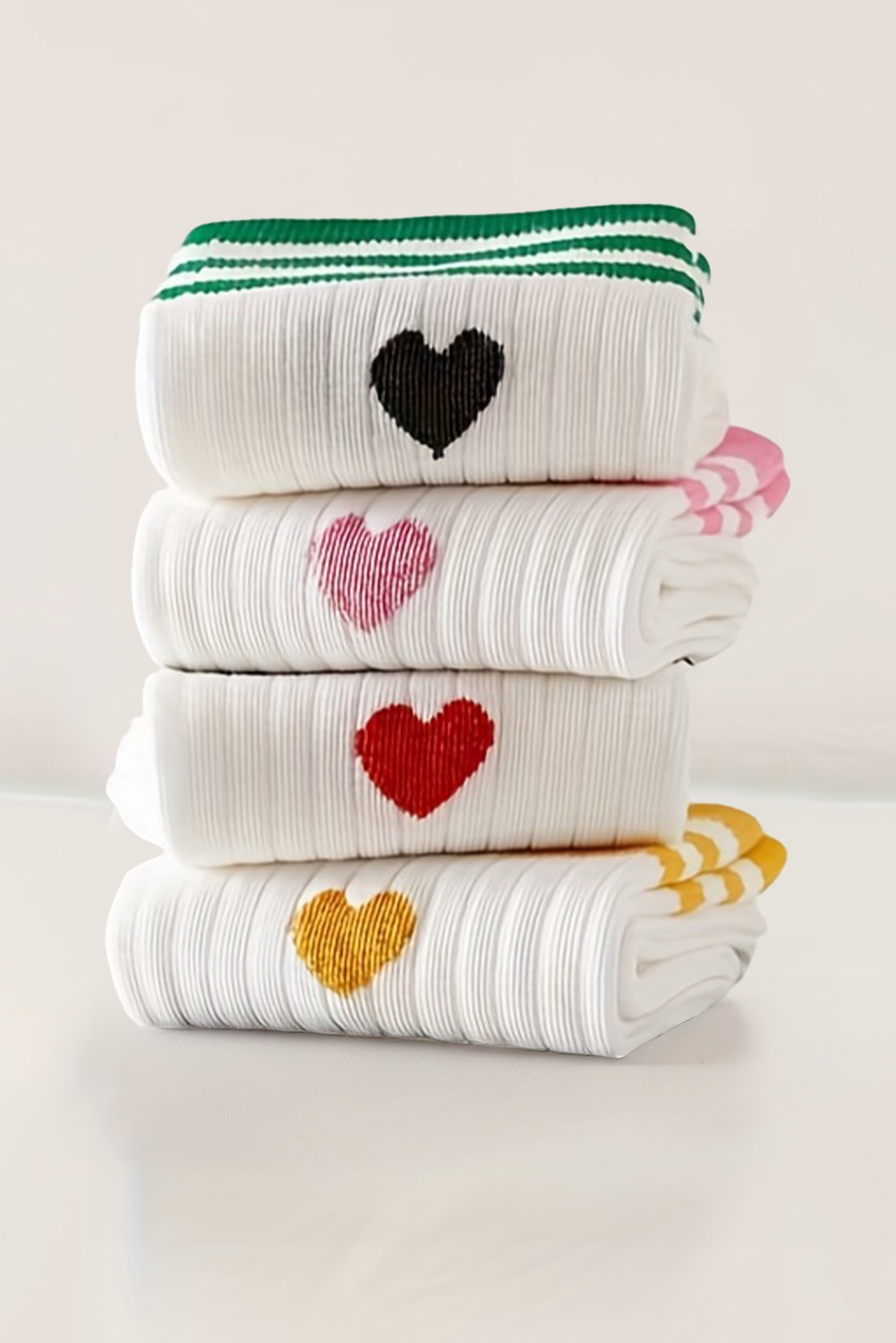 White Heart Striped Cotton Crew Socks 4pcs*