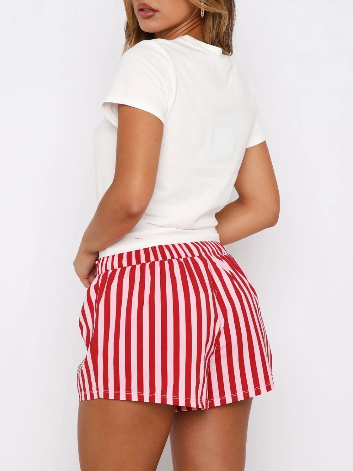 Women's Red Bow Pajama Set – Striped Lounge Shorts and Graphic Tee