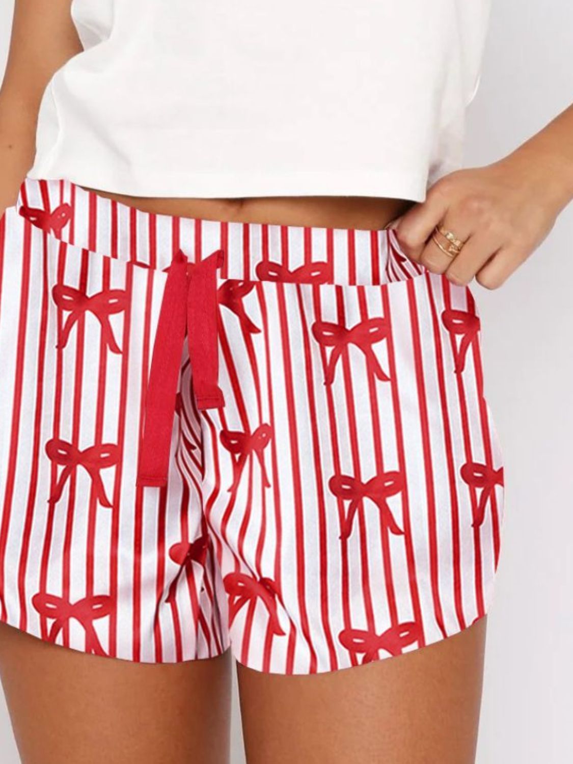 Women's Red Bow Pajama Set – Striped Lounge Shorts and Graphic Tee