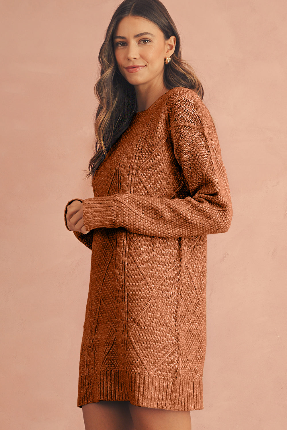 Twist Cable Knit Drop Shoulder Loose Fit Sweater Dress