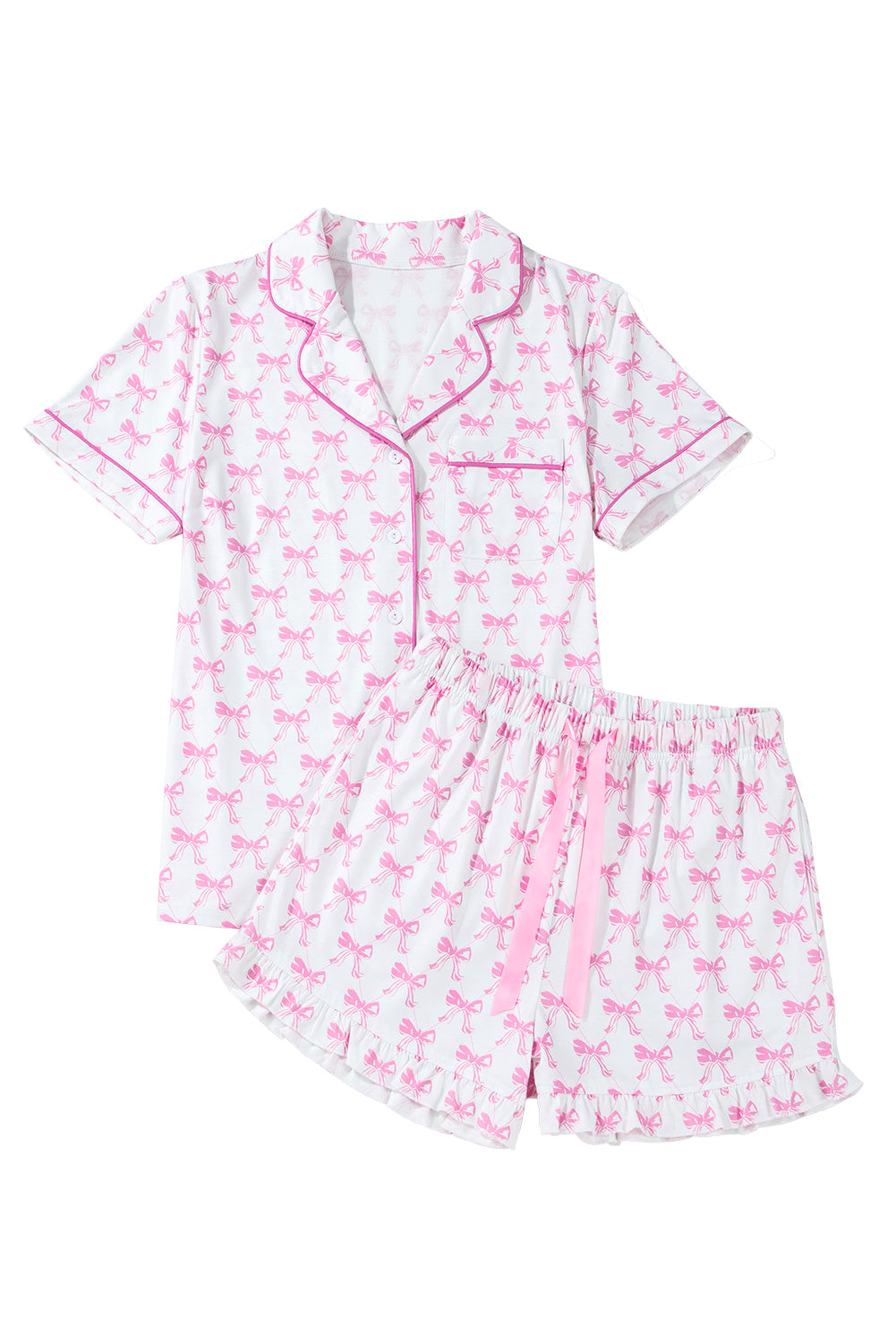 Bow Print Shirt and Ruffle Hem Shorts Pajama Set