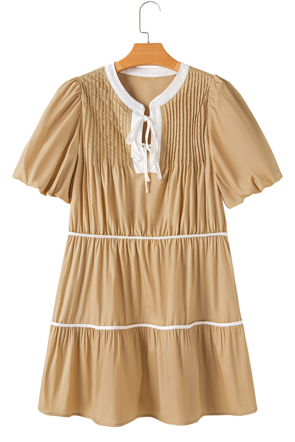 Pale Khaki Knot Front Pleated Tiered Mini Dress