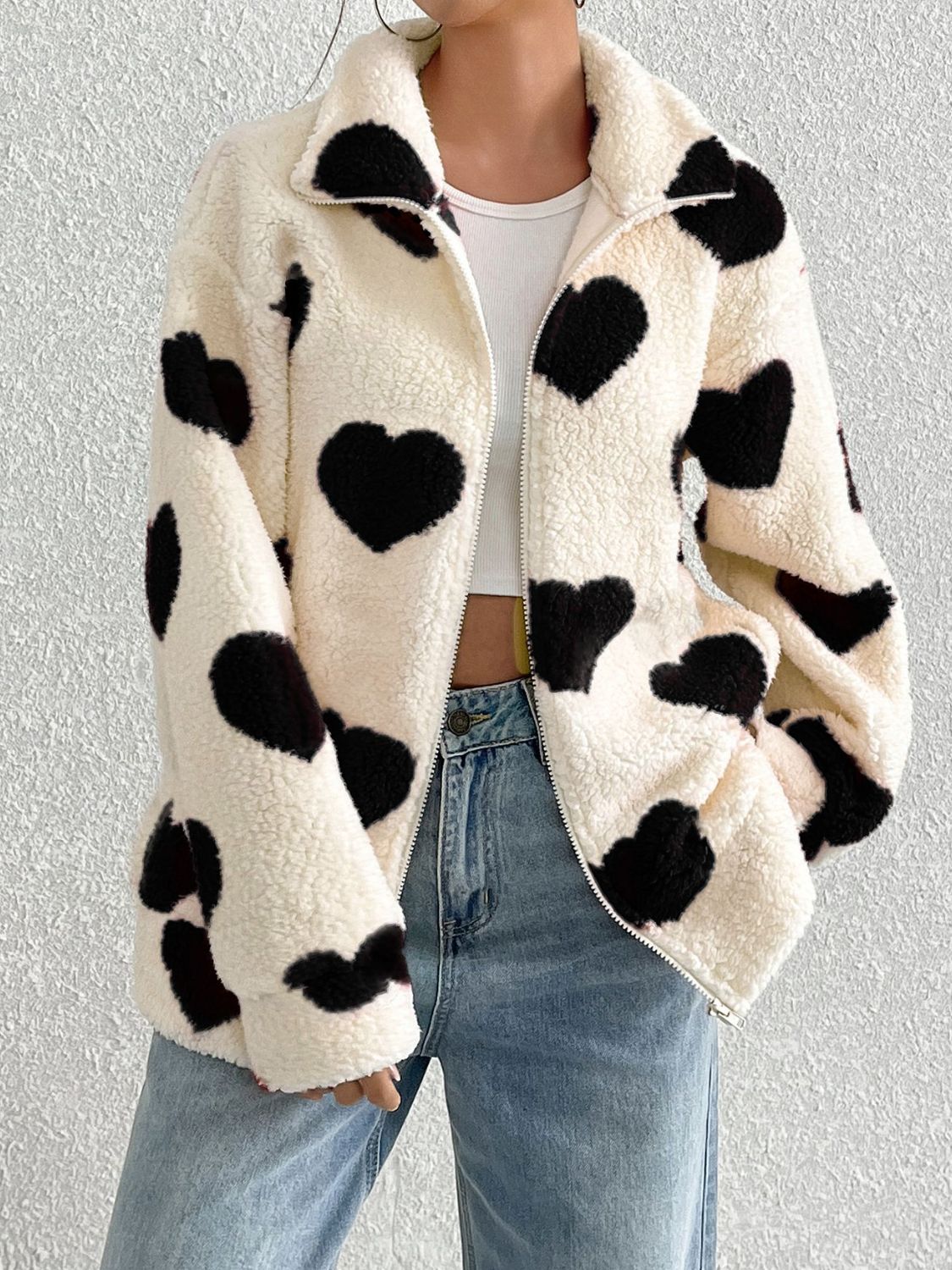 Heart Zip Up Furry Fuzzy Jacket