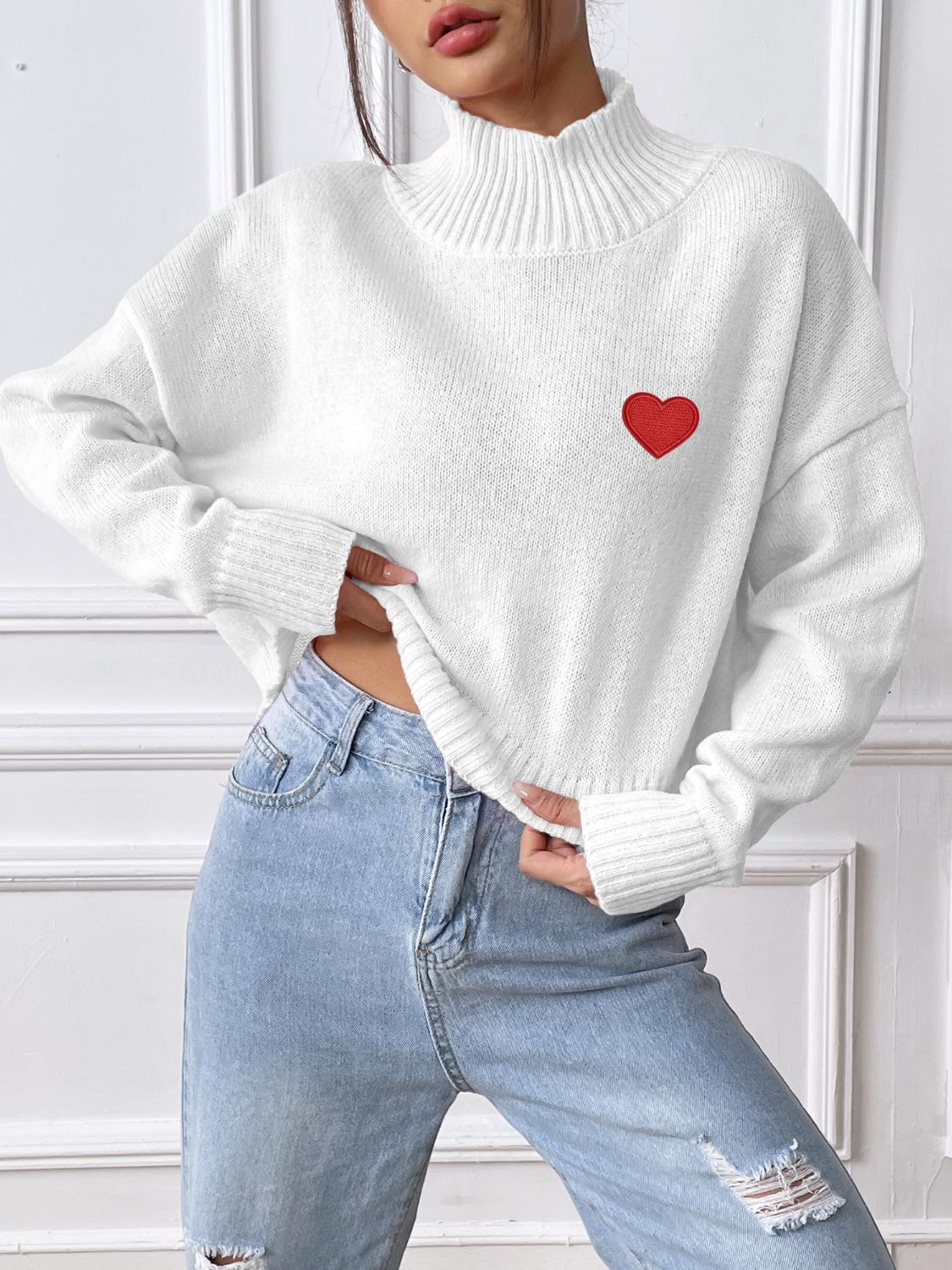 Cozy Heart Turtleneck Long Sleeve Sweater