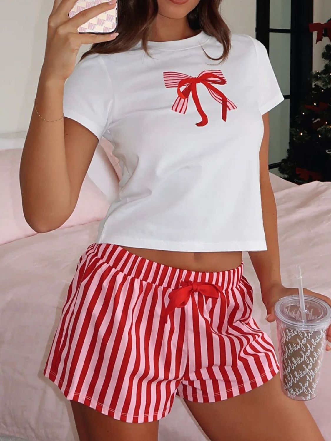 Women's Red Bow Pajama Set – Striped Lounge Shorts and Graphic Tee