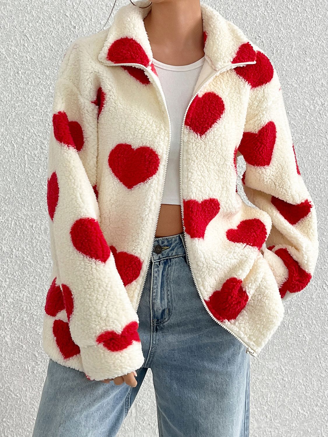 Heart Zip Up Furry Fuzzy Jacket