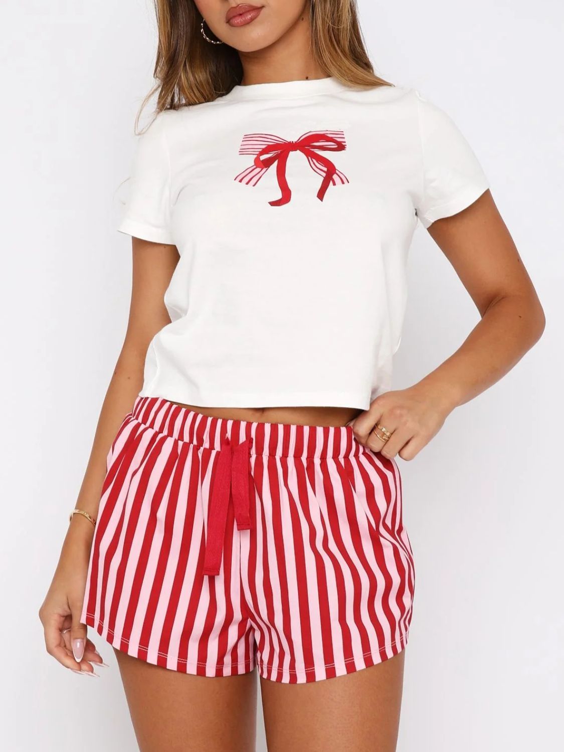 Women's Red Bow Pajama Set – Striped Lounge Shorts and Graphic Tee