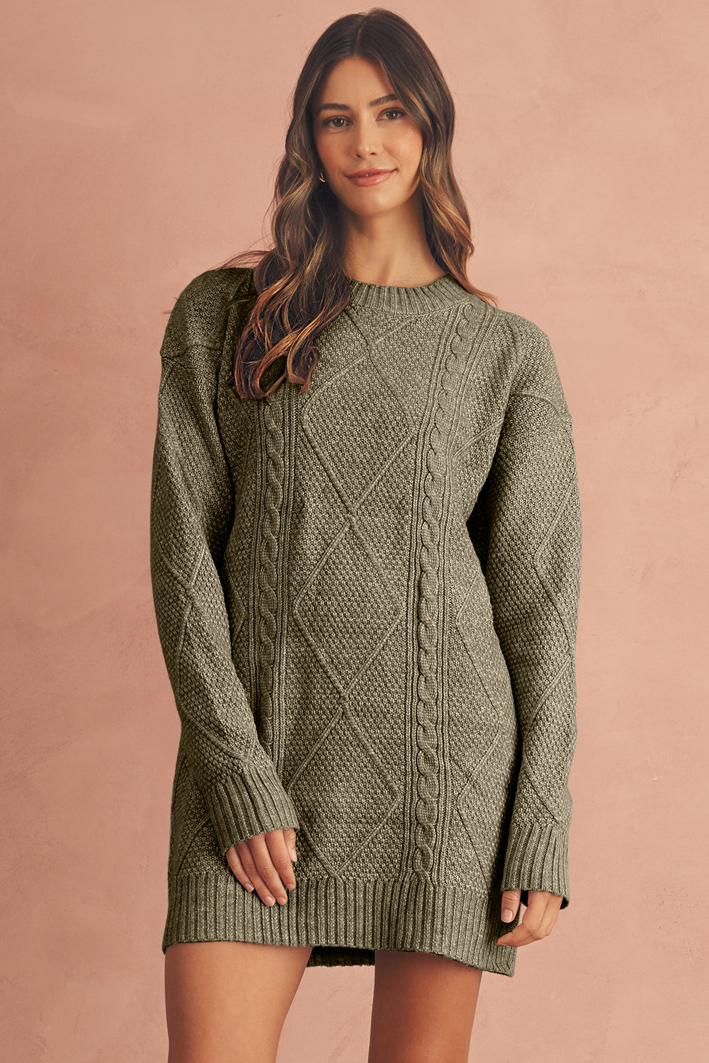 Twist Cable Knit Drop Shoulder Loose Fit Sweater Dress