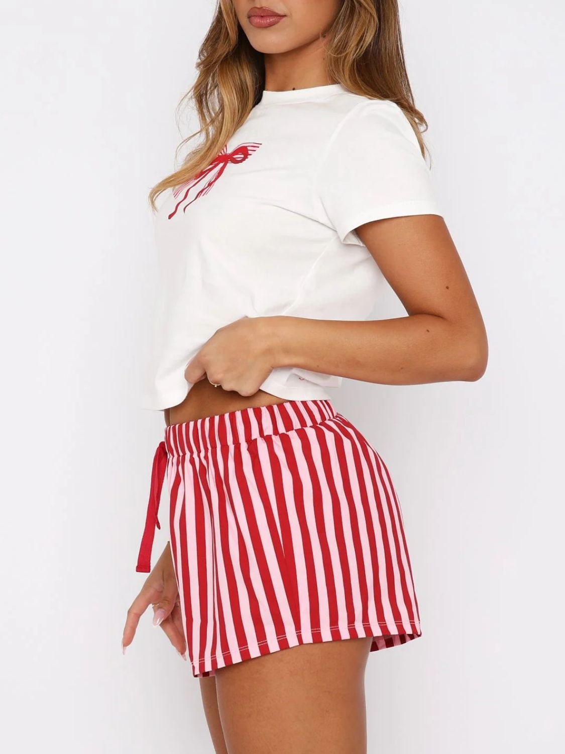 Women's Red Bow Pajama Set – Striped Lounge Shorts and Graphic Tee