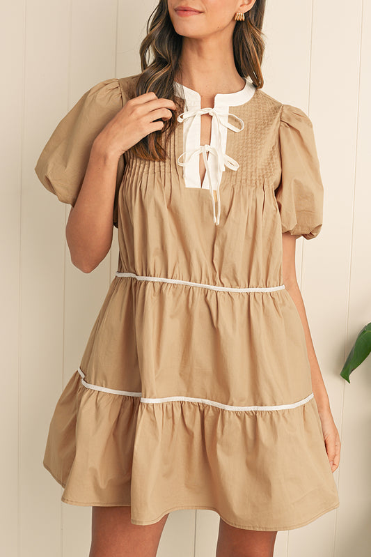 Pale Khaki Knot Front Pleated Tiered Mini Dress