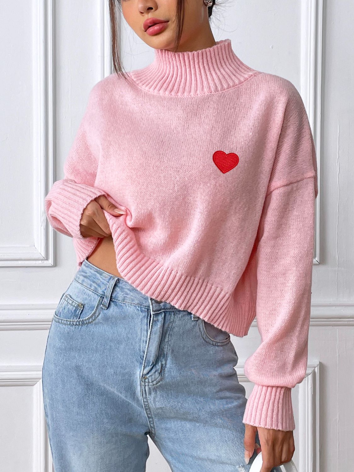 Cozy Heart Turtleneck Long Sleeve Sweater