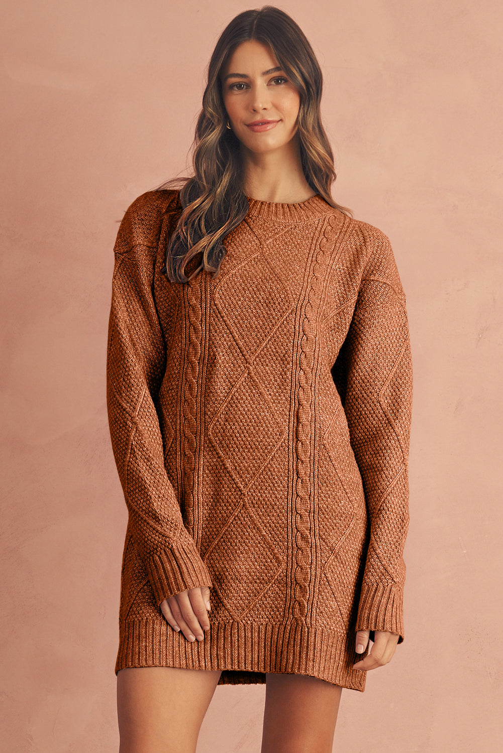 Twist Cable Knit Drop Shoulder Loose Fit Sweater Dress