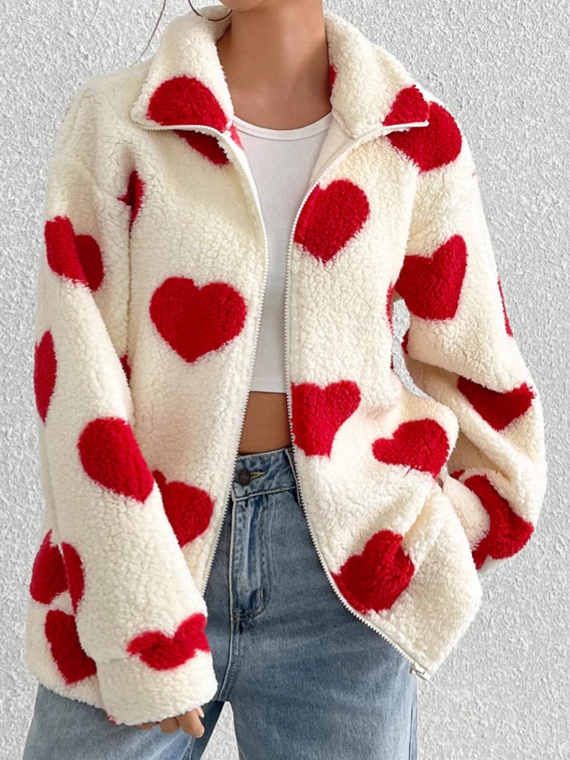 Heart Zip Up Furry Fuzzy Jacket