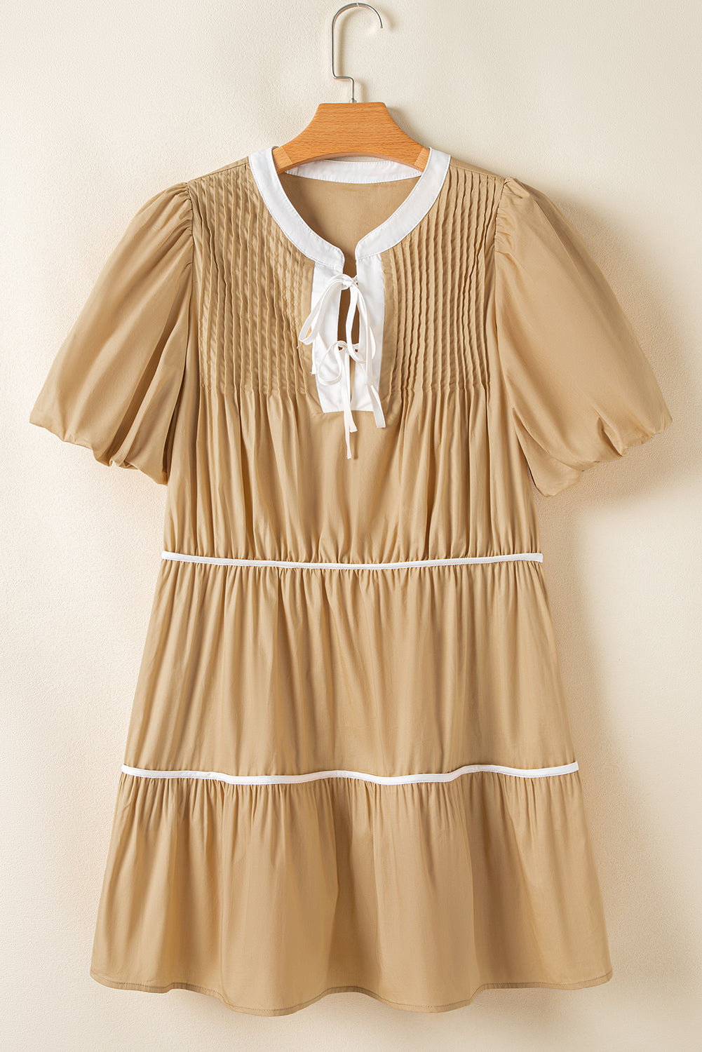 Pale Khaki Knot Front Pleated Tiered Mini Dress