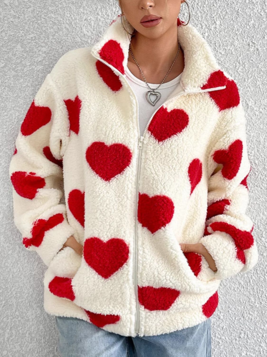 Heart Zip Up Furry Fuzzy Jacket