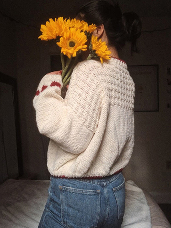 Fuzzy Round Neck Pullover Red Heart Long Sleeve Loose Sweater