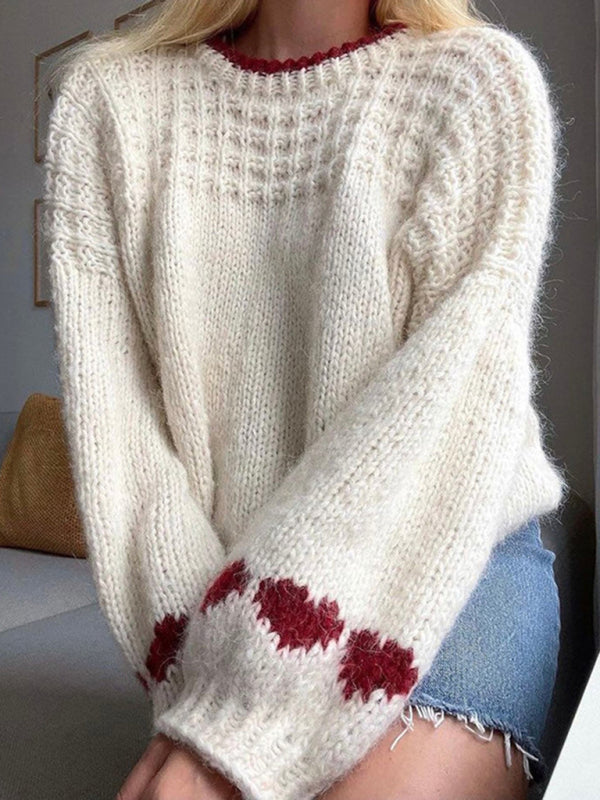 Fuzzy Round Neck Pullover Red Heart Long Sleeve Loose Sweater