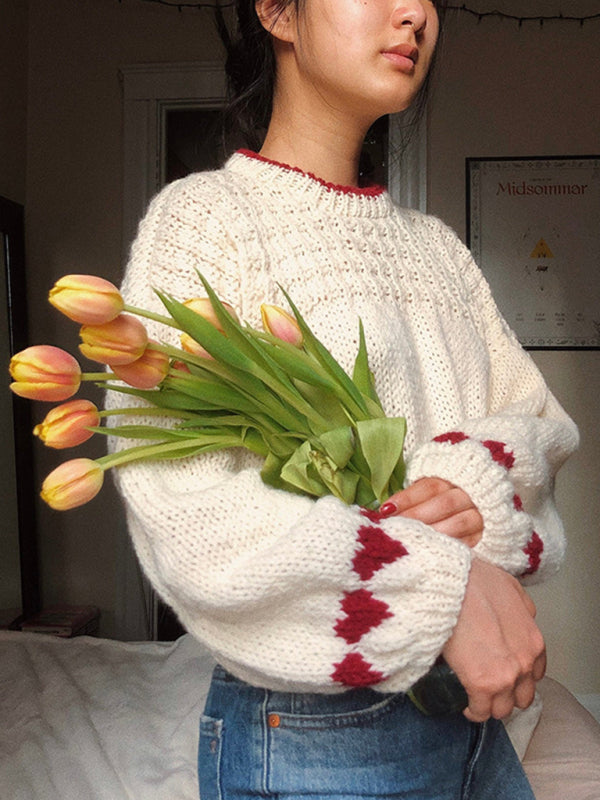 Fuzzy Round Neck Pullover Red Heart Long Sleeve Loose Sweater