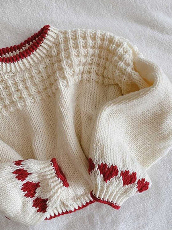 Fuzzy Round Neck Pullover Red Heart Long Sleeve Loose Sweater